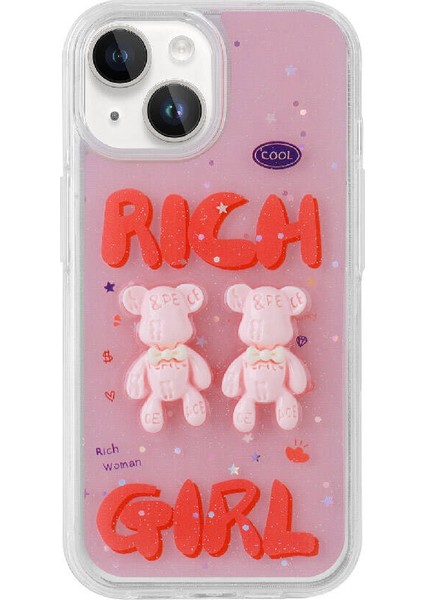 Storepgs iPhone 15 Plus Kılıf Kabartma Figürlü Parlak Minimini Silikon Kapak-Pembe