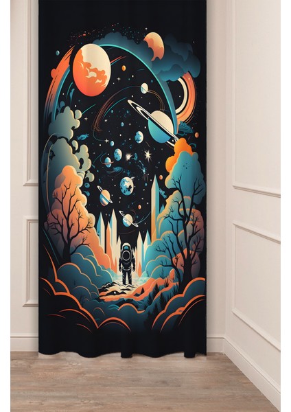 Uzay Gezegen Astronot Yıldız Desenli Dijital Baskılı Tek Kanat Fon Perde
