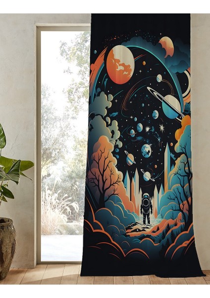 Uzay Gezegen Astronot Yıldız Desenli Dijital Baskılı Tek Kanat Fon Perde fiyatları