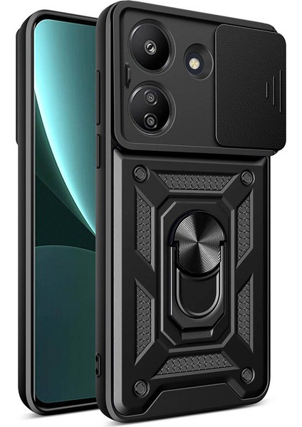 Xiaomi Poco C65 Kılıf Magnetik Standlı Kamera Korumalı Zore Sürgülü Vega Kapak-Siyah