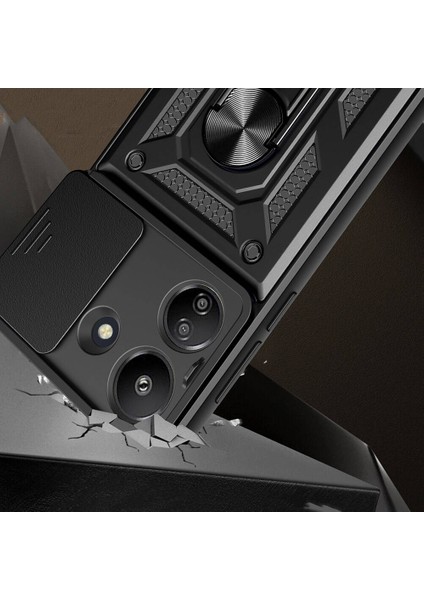 Xiaomi Poco C65 Kılıf Magnetik Standlı Kamera Korumalı Zore Sürgülü Vega Kapak-Siyah