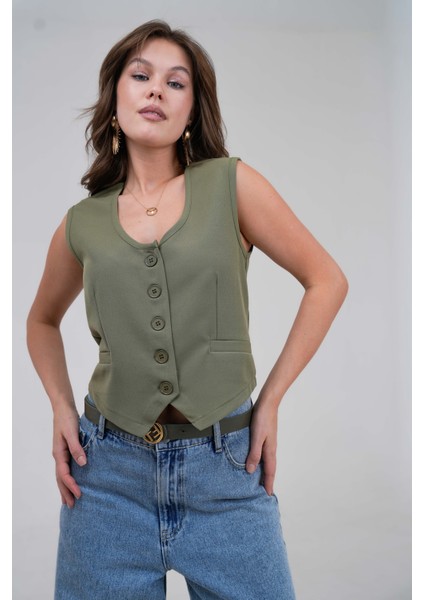 Haki Fitted Düğmeli Astarsız Dokuma Yelek