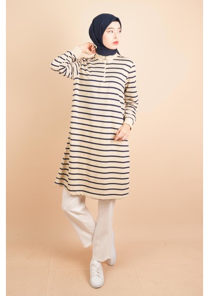 Yarım Fermuarlı Sweat Uzun Tesettür Çizgili Sweat Lacivert