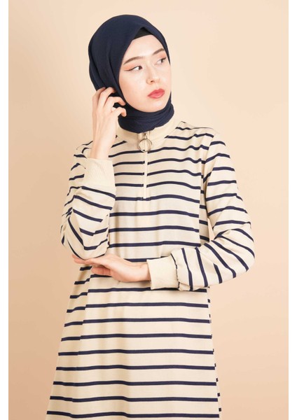 Yarım Fermuarlı Sweat Uzun Tesettür Çizgili Sweat Lacivert fırsatları