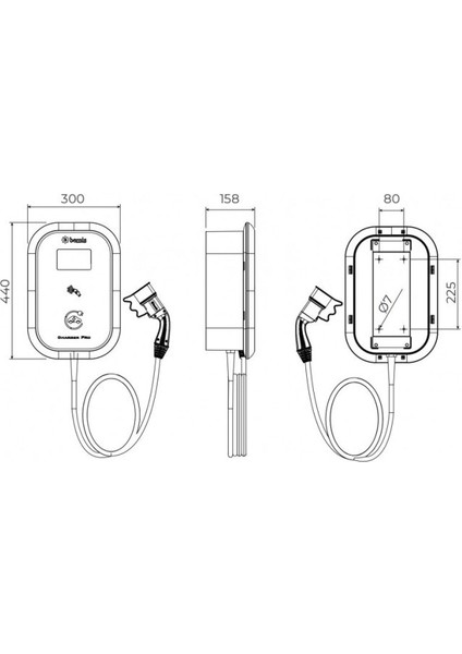 22KW Trifaze Araç Şarj Cihazı 5 mt Kablolu Ekranlı Kablo Ucu Prizli Model 2 Charger Plus BEV-1532-2354 fiyatları