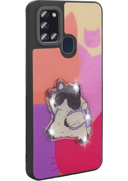 Storepgs Galaxy A21S Kılıf Parlayan Kabartmalı Ikonik Figürlü Amas Silikon Kapak-Mor