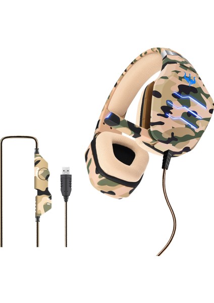 Ovleng Q9 Kamuflaj Kablolu Oyun Kulaklığı Stereo Subwoofer LED Işıklı E-Spor Kulaklık USB 7.1 Kanallı Kulak Üstü Ayarlanabilir Kulaklık-Camo Yeşil (Yurt Dışından)