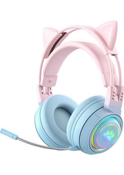 T25 Sevimli Kedi Kulakları Kulaklıklar Rgb Aydınlatma Ayrılabilir Mikrofonlu Bluetooth Kablosuz Kulaklık-Mavi/pembe (Yurt Dışından)