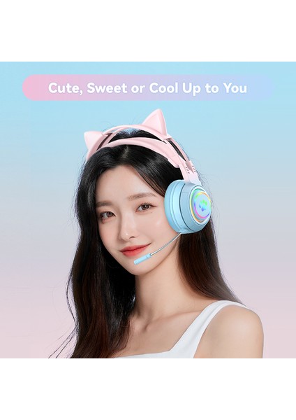 T25 Sevimli Kedi Kulakları Kulaklıklar Rgb Aydınlatma Ayrılabilir Mikrofonlu Bluetooth Kablosuz Kulaklık-Mavi/pembe (Yurt Dışından)
