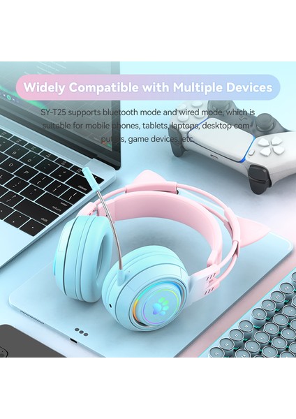 T25 Sevimli Kedi Kulakları Kulaklıklar Rgb Aydınlatma Ayrılabilir Mikrofonlu Bluetooth Kablosuz Kulaklık-Mavi/pembe (Yurt Dışından)