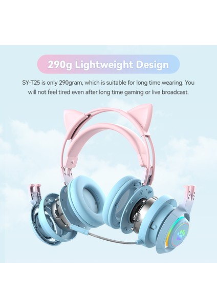 T25 Sevimli Kedi Kulakları Kulaklıklar Rgb Aydınlatma Ayrılabilir Mikrofonlu Bluetooth Kablosuz Kulaklık-Mavi/pembe (Yurt Dışından)