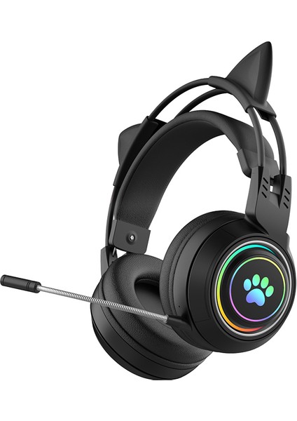 T25 Sevimli Kedi Kulakları Kulaklıklar Rgb Aydınlatma Ayrılabilir Mikrofonlu Bluetooth Kablosuz Kulaklık-Siyah (Yurt Dışından)
