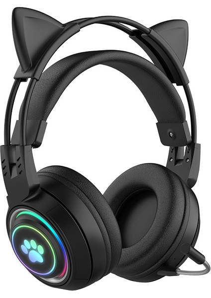 T25 Sevimli Kedi Kulakları Kulaklıklar Rgb Aydınlatma Ayrılabilir Mikrofonlu Bluetooth Kablosuz Kulaklık-Siyah (Yurt Dışından)