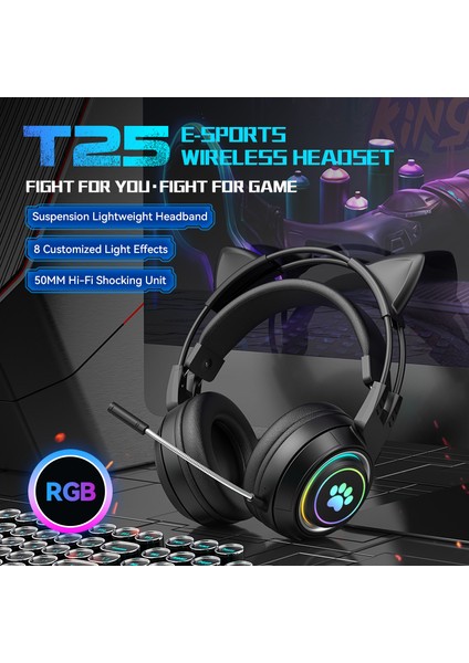 T25 Sevimli Kedi Kulakları Kulaklıklar Rgb Aydınlatma Ayrılabilir Mikrofonlu Bluetooth Kablosuz Kulaklık-Siyah (Yurt Dışından)