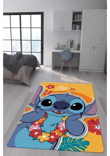 Kaymaz Taban Makinada Yıkanabilir Dijital Baskı Stitch Desenli Çocuk Odası Halısı Dot Taban Halı 0006