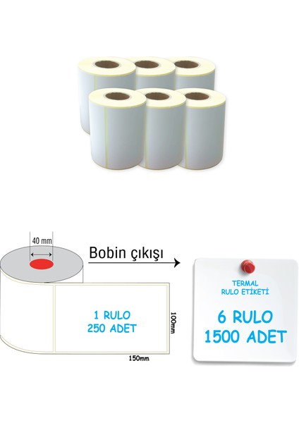 Termal Barkod Etiketi 100X150MM 6 Rulo 250 Sarım