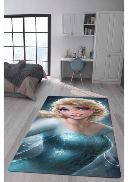 Kaymaz Taban Makinada Yıkanabilir Dijital Baskı Elsa Frozen Desenli Çocuk Odası Halısı Dot Taban Halı
