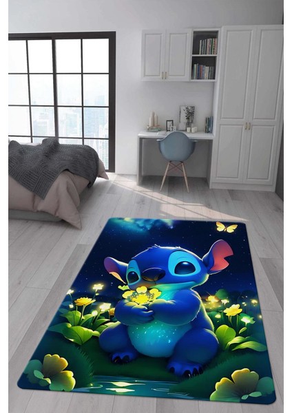 Kaymaz Taban Makinada Yıkanabilir Dijital Baskı Stitch Desenli Çocuk Odası Halısı Dot Taban Halı 0007