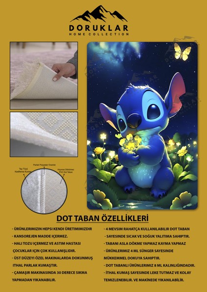 Kaymaz Taban Makinada Yıkanabilir Dijital Baskı Stitch Desenli Çocuk Odası Halısı Dot Taban Halı 0007