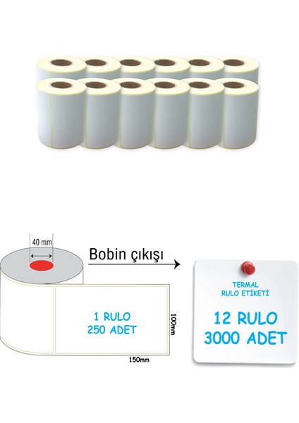 Termal Barkod Etiketi 100X150MM 12 Rulo 250 Sarım