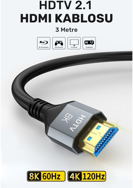 Ultra Yüksek Hızlı 8k HDMI 2.1 Kablo, 4K 120Hz HDMI Kablosu 3 Metre Hdtv Kablosu