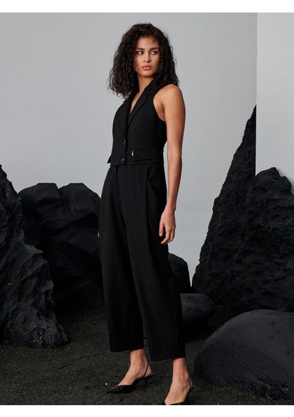 Kolsuz Ceket Yakalı Düğmeli Bel Dekolteli Şık Tulum -Siyah fiyatları