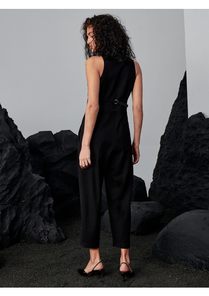 Kolsuz Ceket Yakalı Düğmeli Bel Dekolteli Şık Tulum -Siyah modelleri