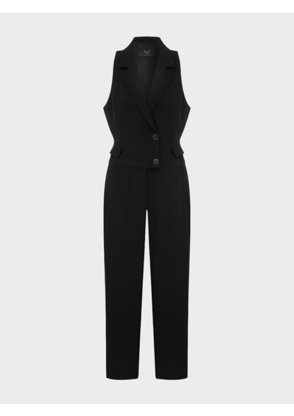 Kolsuz Ceket Yakalı Düğmeli Bel Dekolteli Şık Tulum -Siyah indirimleri