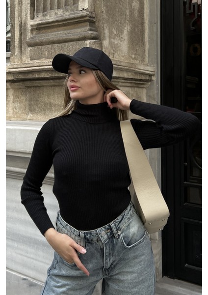 Siyah Balıkçı Yaka Slim Fit Boğazlı Triko Bluz