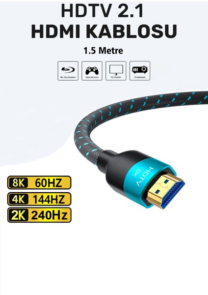 HDMI 2.1 Örgü Kablo 1.5 m – Ultra Hızlı 8K/4K 144Hz, HDTV ve Monitör Uyumlu, Kalın Bakır Tel ile Dayanıklı Tasarım