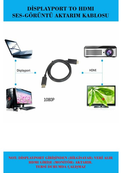 Displayport To HDMI 4K Altın Uç Kablo Bilgisayar Monitör Görüntü ve Ses Aktarım Kablosu 1.8m