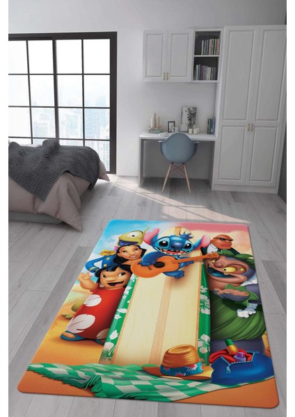 Kaymaz Taban Makinada Yıkanabilir Dijital Baskı Stitch Desenli Çocuk Odası Halısı 0003