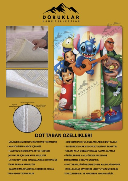 Kaymaz Taban Makinada Yıkanabilir Dijital Baskı Stitch Desenli Çocuk Odası Halısı 0003
