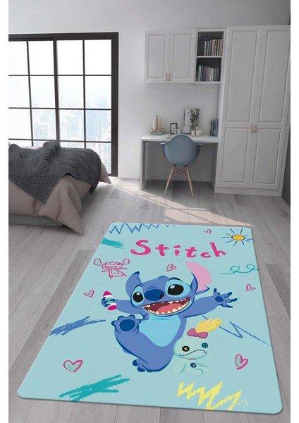 Kaymaz Taban Makinada Yıkanabilir Dijital Baskı Stitch Desenli Çocuk Odası Halısı 0001