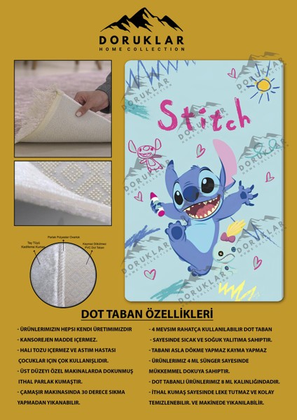 Kaymaz Taban Makinada Yıkanabilir Dijital Baskı Stitch Desenli Çocuk Odası Halısı 0001