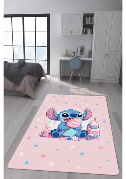 Kaymaz Taban Makinada Yıkanabilir Dijital Baskı Stitch Desenli Çocuk Odası Halısı 0011