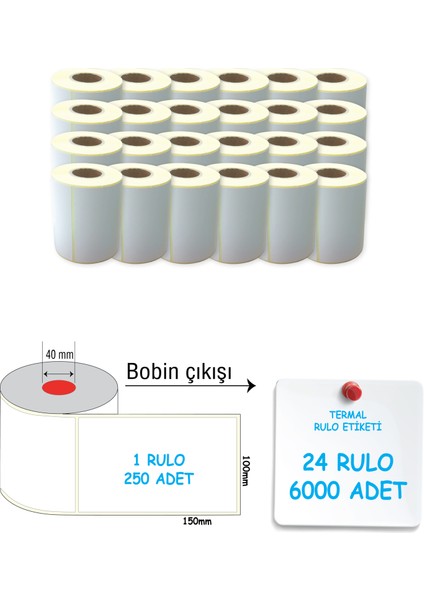 Termal Barkod Etiketi 100X150MM 24 Rulo 250 Sarım