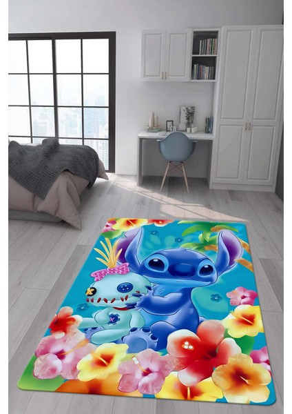 Kaymaz Taban Makinada Yıkanabilir Dijital Baskı Stitch Desenli Çocuk Odası Halısı 0008