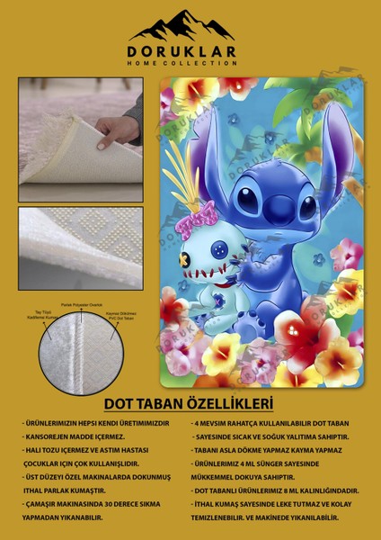 Kaymaz Taban Makinada Yıkanabilir Dijital Baskı Stitch Desenli Çocuk Odası Halısı 0008