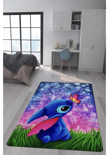 Kaymaz Taban Makinada Yıkanabilir Dijital Baskı Stitch Desenli Çocuk Odası Halısı 0010