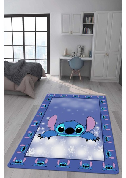 Kaymaz Taban Makinada Yıkanabilir Dijital Baskı Stitch Desenli Çocuk Odası Halısı 0013
