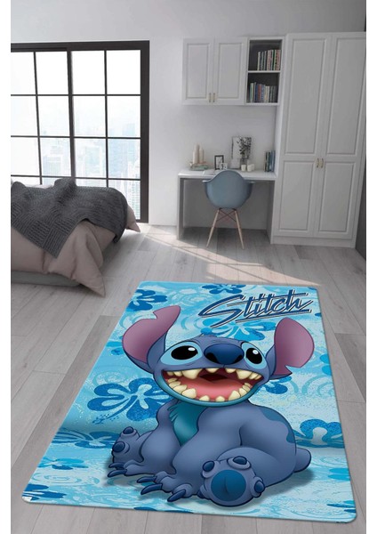 Kaymaz Taban Makinada Yıkanabilir Dijital Baskı Stitch Desenli Çocuk Odası Halısı 0009