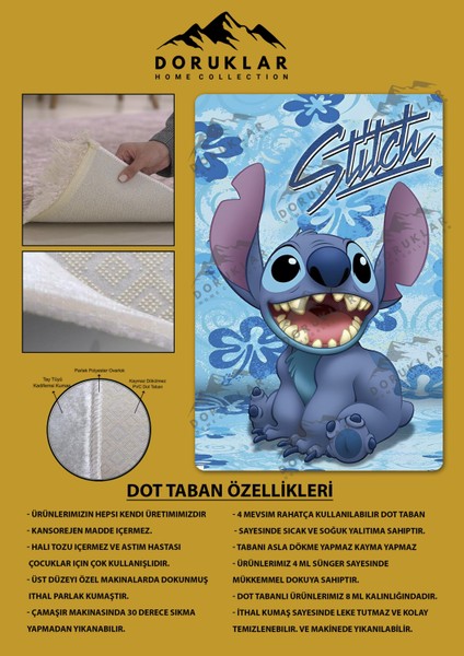 Kaymaz Taban Makinada Yıkanabilir Dijital Baskı Stitch Desenli Çocuk Odası Halısı 0009