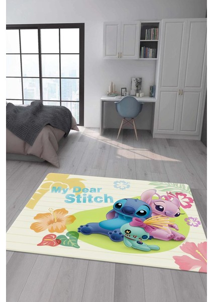 Kaymaz Taban Makinada Yıkanabilir Dijital Baskı Stitch Desenli Çocuk Odası Halısı 0012