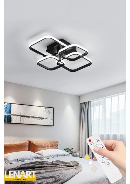 Yüksek Aydınlatmalı 4'lü Kare LED Avize, Tavan Avize, Kumandalı LED Avize, 3 Renk Aydınlatmalı Avize