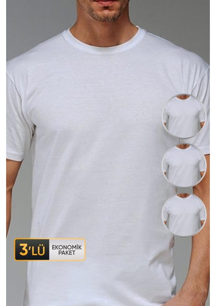Erkek Süprem Bisiklet Yaka Beyaz T-Shirt 947 3'lü Ekonomik Paket