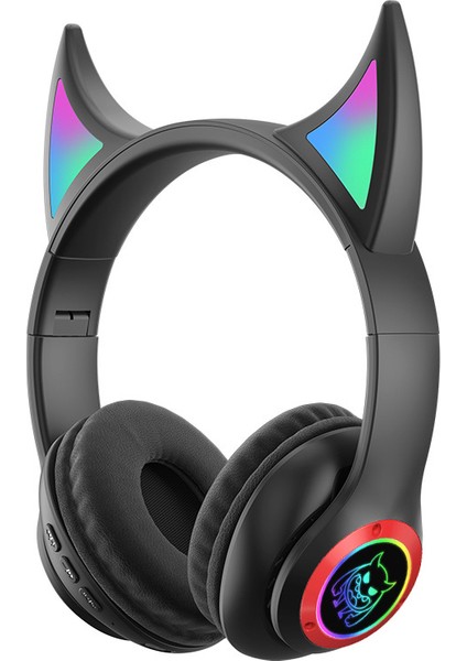 STN25 Çocuklar Devil Ears Kulaklık Hd Mikrofonlu Kablosuz Kulaklıklar Rgb Işık Katlanır Kulaklık Desteği 3.5mm Ses Kablosu Kablolu Bağlantı-Siyah (Yurt Dışından)