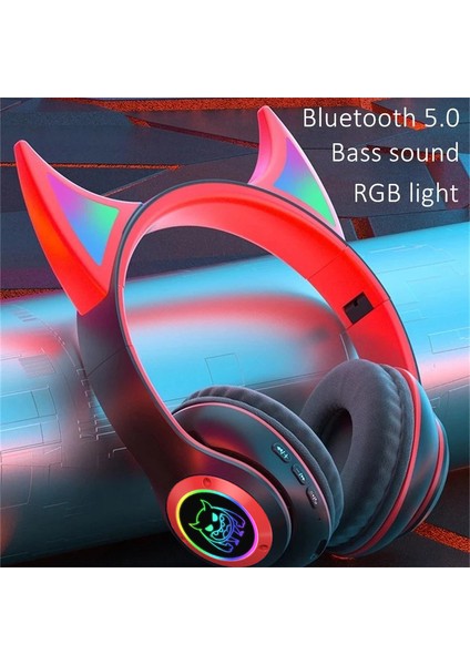 STN25 Çocuklar Devil Ears Kulaklık Hd Mikrofonlu Kablosuz Kulaklıklar Rgb Işık Katlanır Kulaklık Desteği 3.5mm Ses Kablosu Kablolu Bağlantı-Siyah (Yurt Dışından)