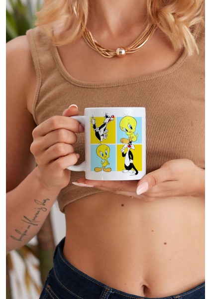 The Sylvester & Tweety Baskılı Özel Baskı Tasarım Promosyon Porselen Kupa Mug Bardak Hediyelik