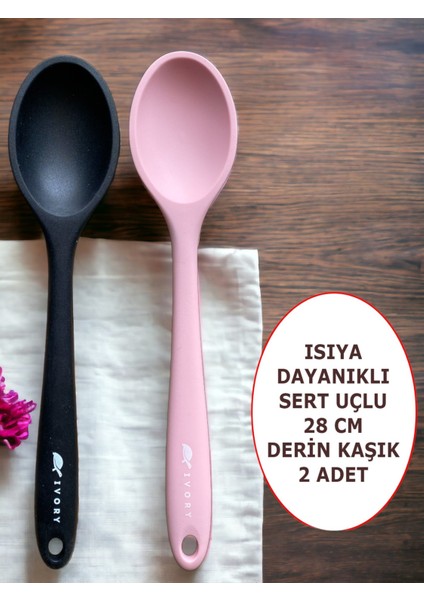 Sert Uçlu Isıya Dayanıklı Yanmaz Yapışmaz Silikon 28 cm Kaşık Seti 2 Adet